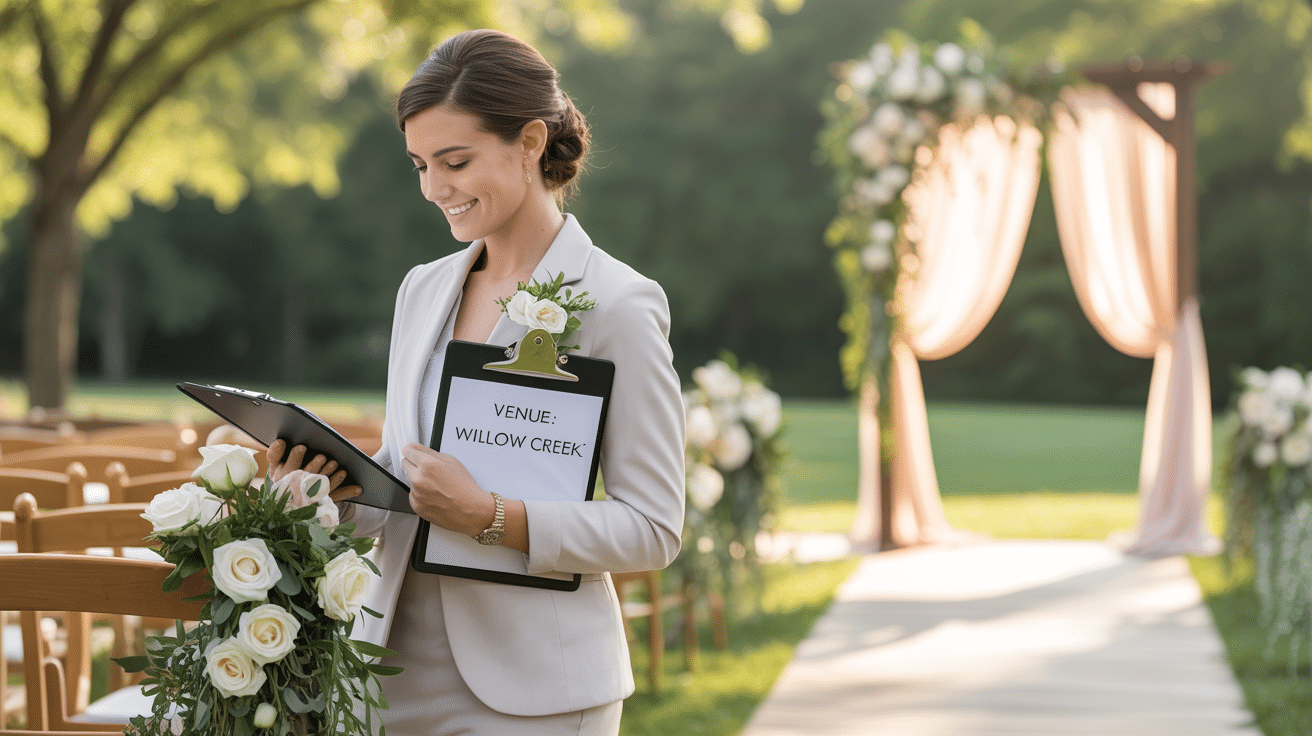 A poised wedding planner at an outdoor wedding