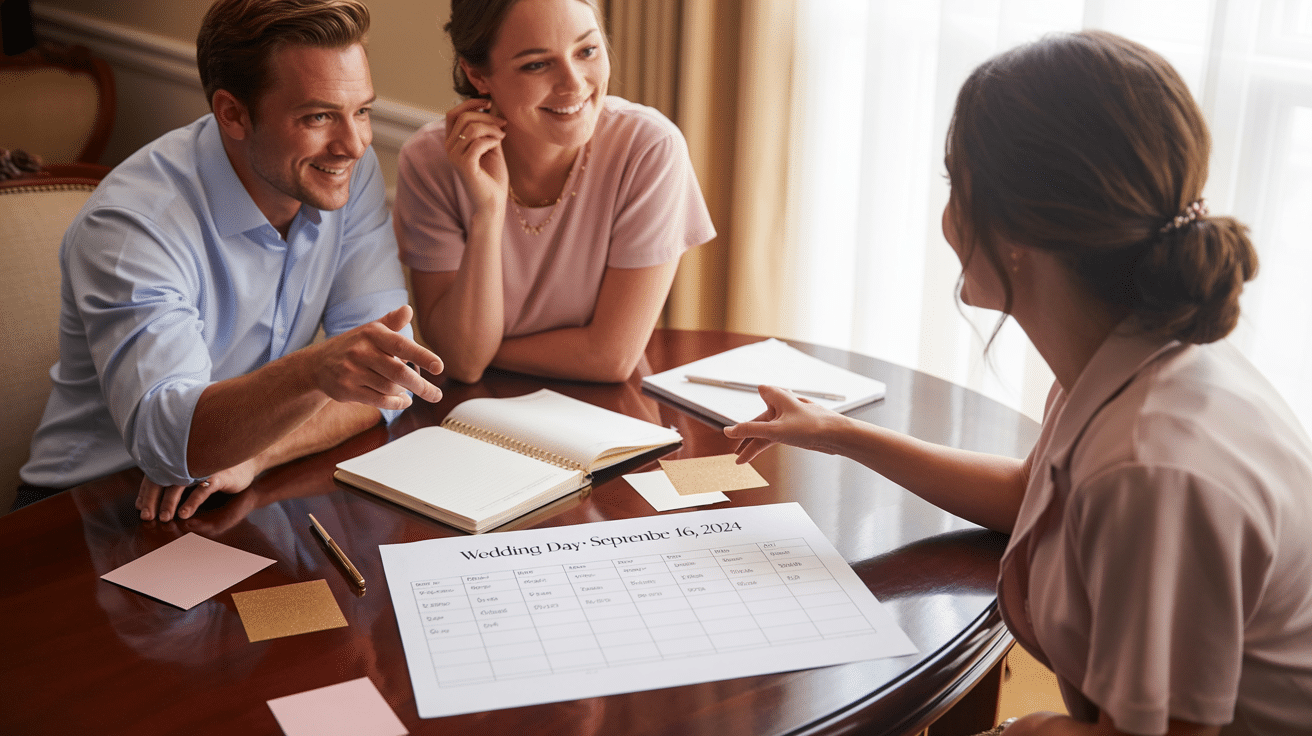 A poised wedding planner coordinating a wedding
