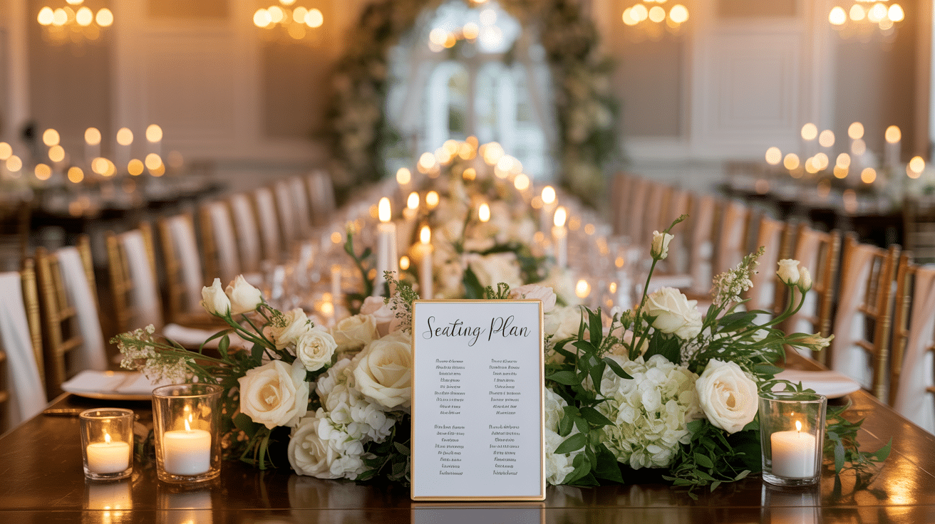 An elegantly styled indoor wedding reception