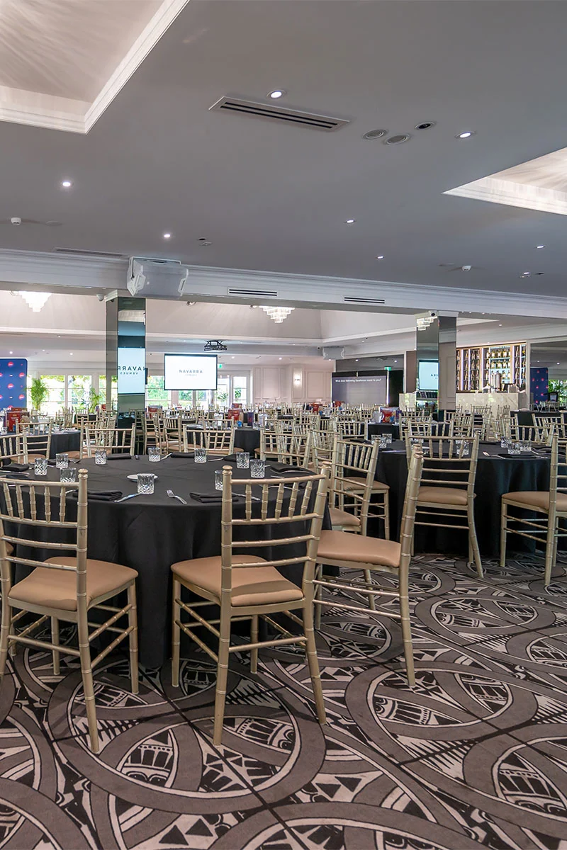 The Georgian Grand Ballroom at Oatlands Estate set with round tables