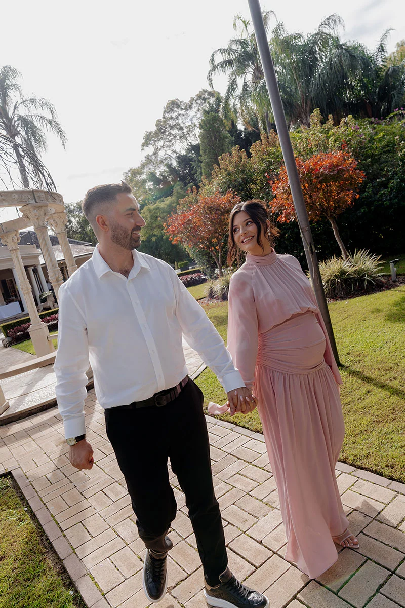 A couple photographed in the gardens at Oatlands Estate