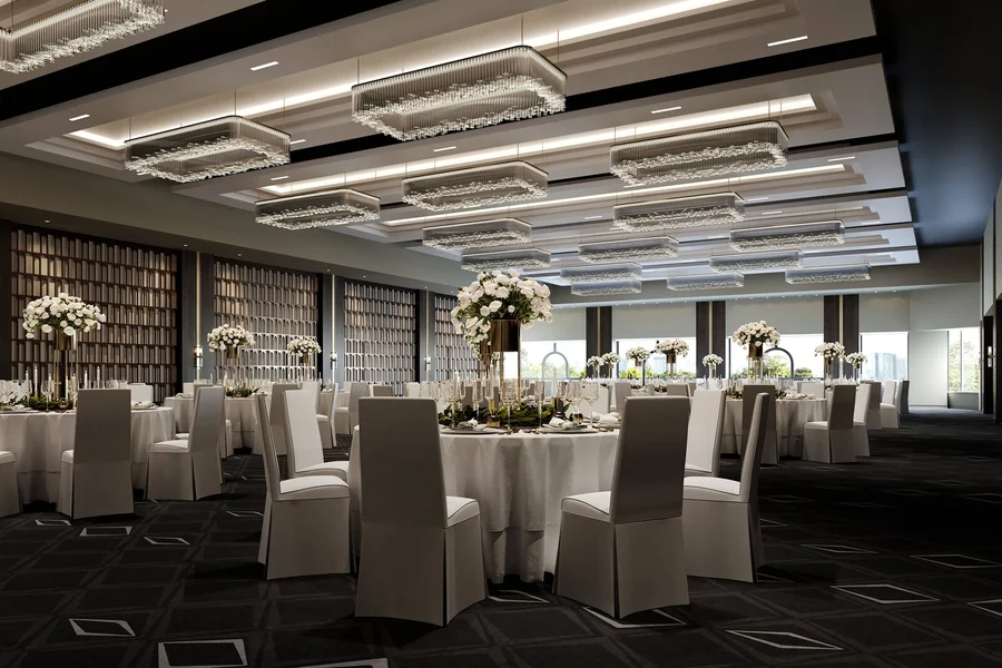 The Grand Ballroom laid out for a seated wedding breakfast
