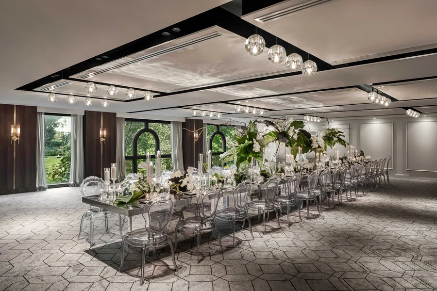 The Hyde Park Room set as a long table with greenery