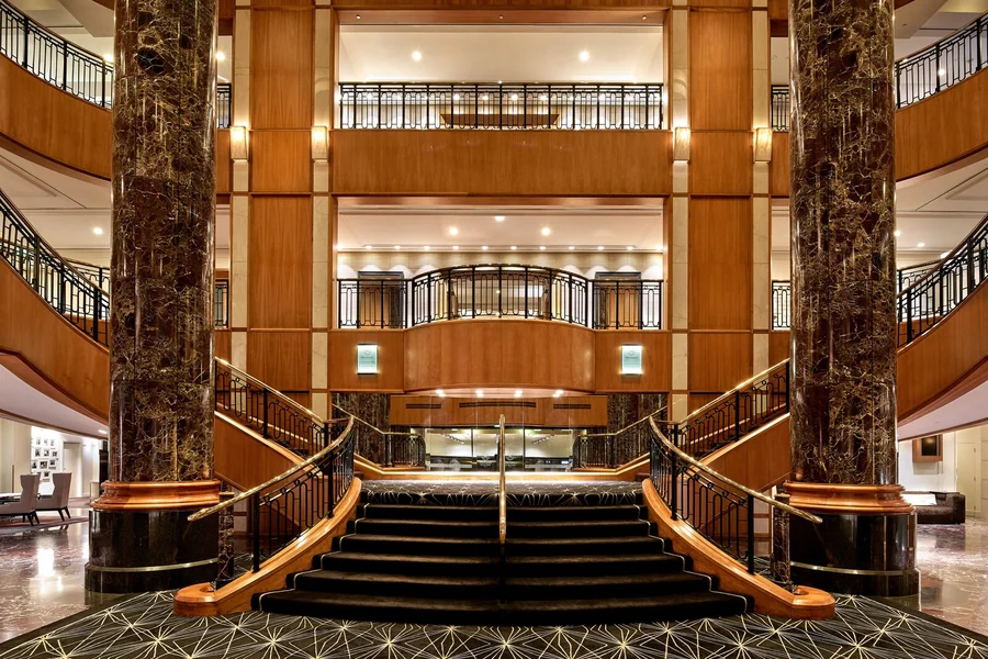 The hotel atrium and staircase at Sheraton Grand Sydney