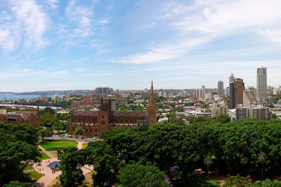 An aerial view over Hyde Park and St Mary's Cathedral