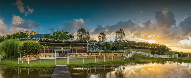 Branell Homestead — the lake and pavilion at sunset