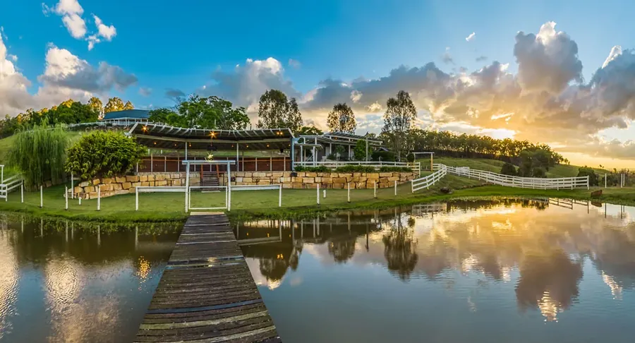 The lakeside pavilion at Branell Homestead, the covered reception space across the lake