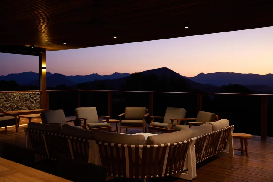 The Outdoor Pavilion at Mount French Lodge, an airy dining and entertaining space with hill views