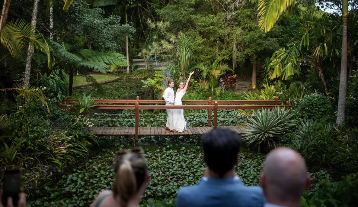 The pond and bridge at Sol Gardens