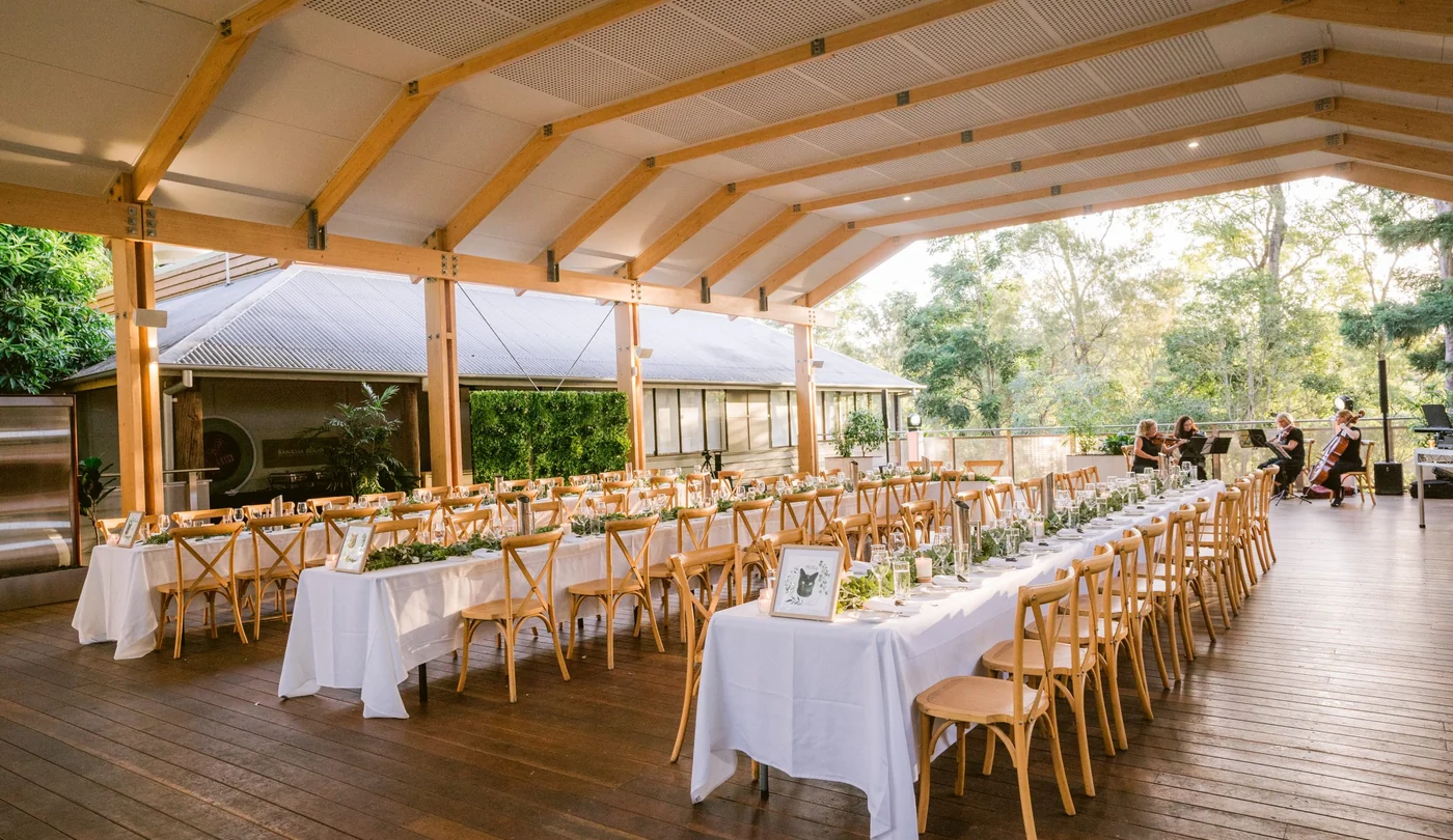 The covered Deck set for a reception at Walkabout Creek