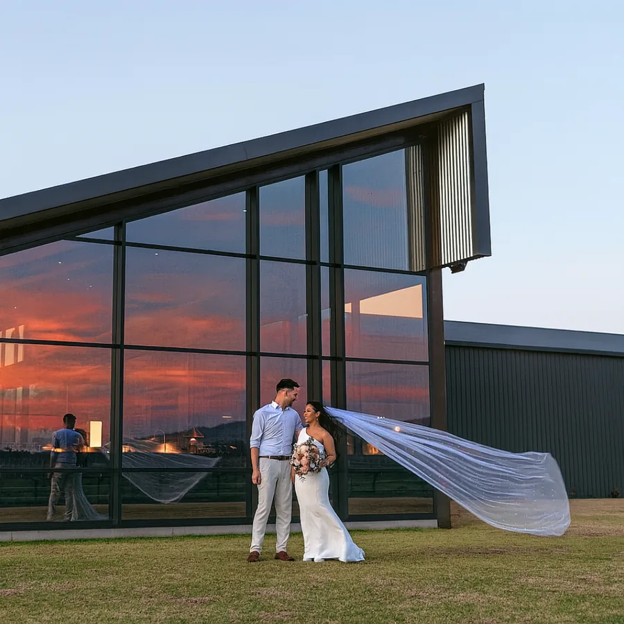 Artisans of Barossa &mdash; the couple at dusk with the veil flying
