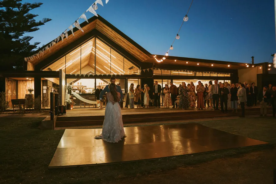 Brand's Laira Coonawarra — the cellar door lit up on the night of a wedding