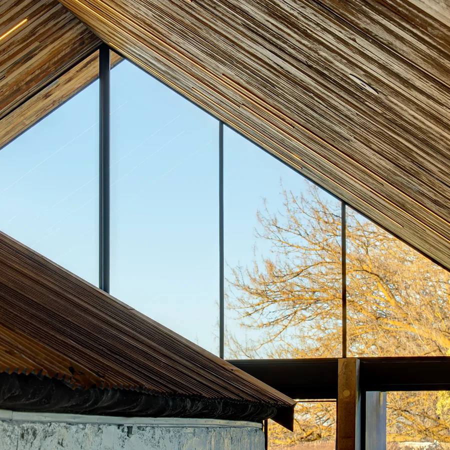 Brand's Laira Coonawarra — the timber ceiling and floor-to-ceiling vineyard windows