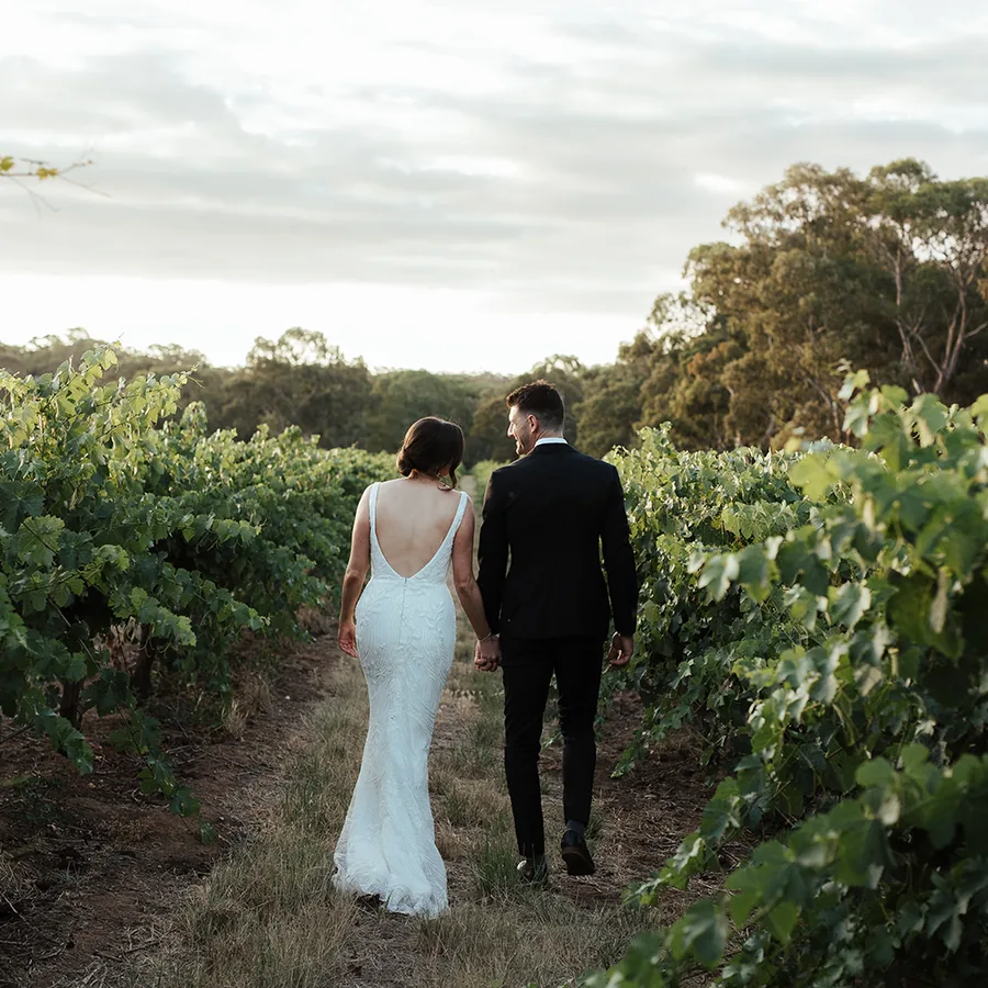 Brand's Laira Coonawarra — the couple walking the vine rows
