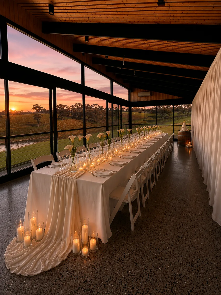 Longview Vineyard &mdash; candlelit long tables at sunset