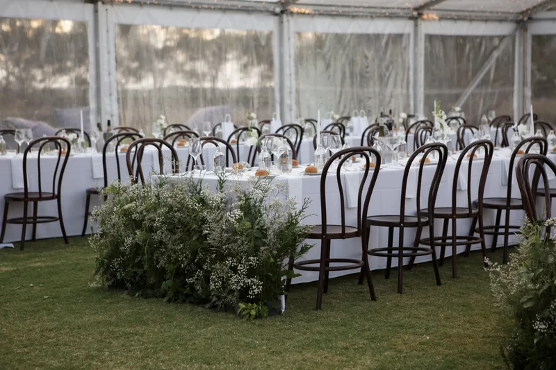 Woodburn Homestead &mdash; long tables set under the marquee on the Angas Lawns