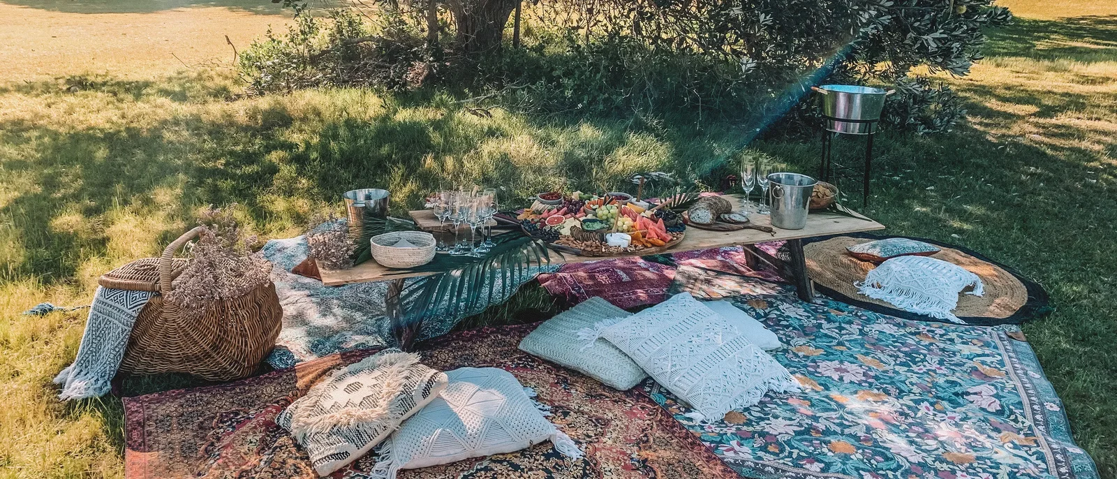Styled picnic under a tree with rugs, cushions and champagne
