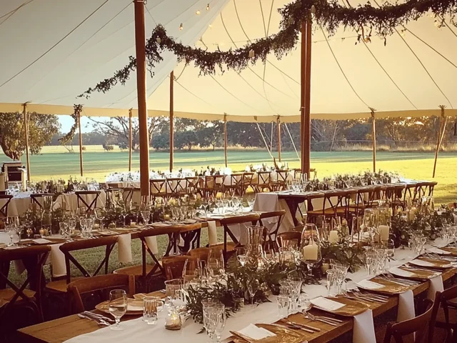 Long wedding tables styled with greenery, candles and festoon lights inside a sailcloth marquee at sunset, Adeline Estate
