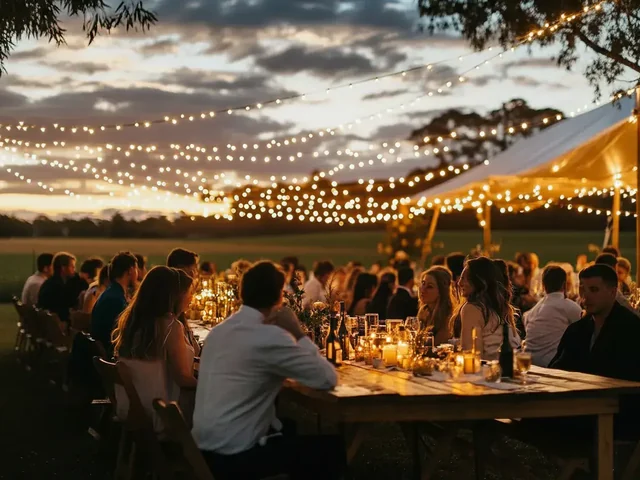 Wedding reception under festoon lighting on the paddock after dark at Adeline Estate, Hunter Valley