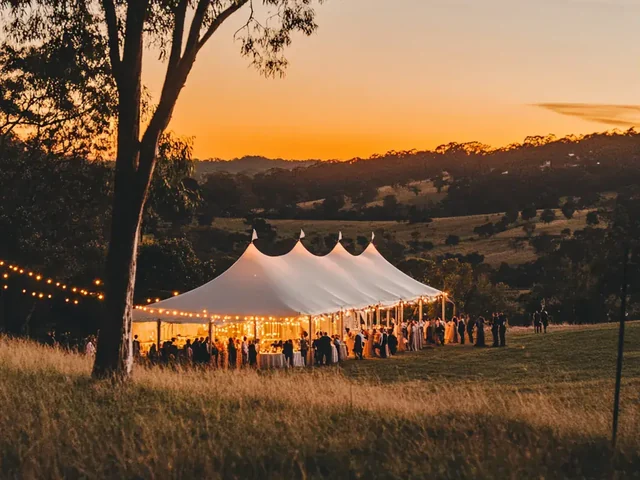 Marquee reception at golden hour, Adeline Estate