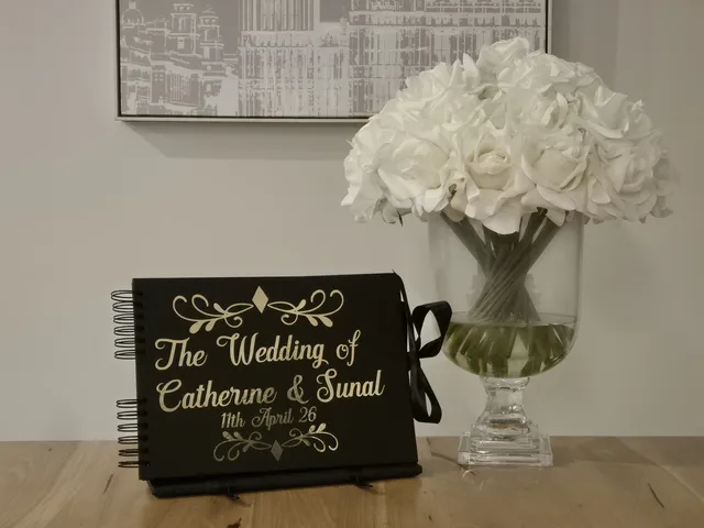 Sydney DJ & MC Services: Personalised wedding photo guestbook album beside white roses