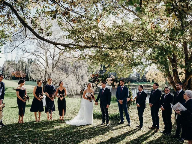 Lawn ceremony beneath the trees with guests gathered around